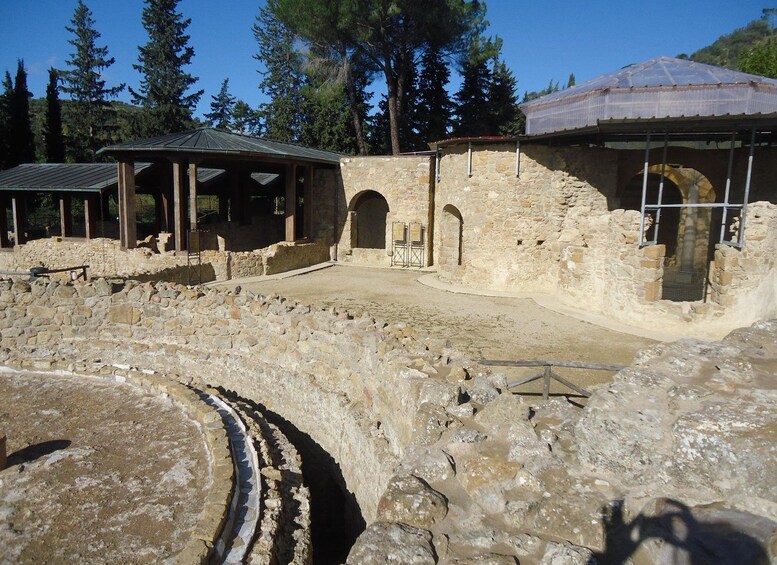 An archaeological site with stone structures and a circular stone formation. 1