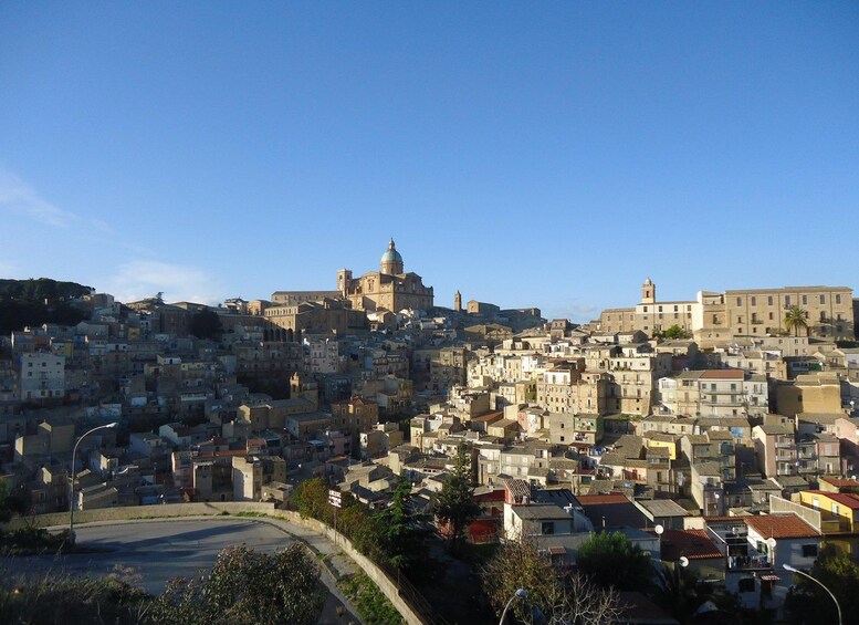 A densely packed hillside town with historic architecture, including a prominent church with a dome. 2