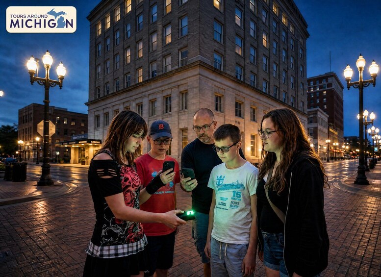 A group of people standing on a city street at dusk, with a historic building in the background. 1