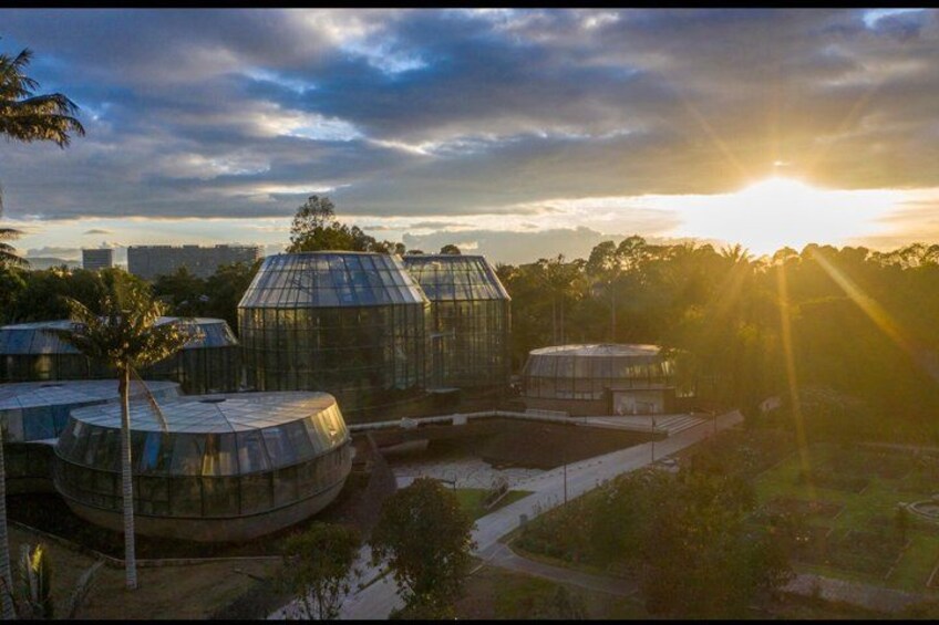 A greenhouse complex with multiple dome-shaped structures, surrounded by trees and a clear sky. 3