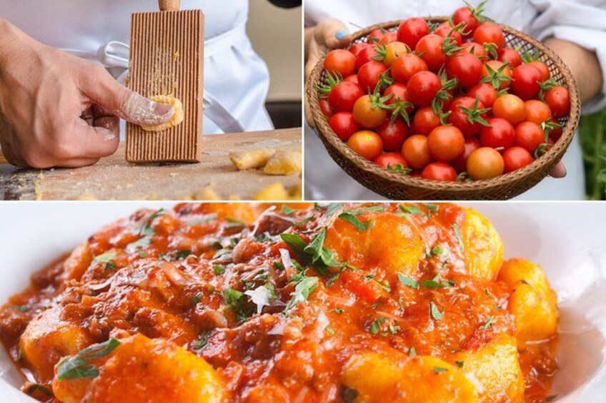 A person grating cheese, a bowl of cherry tomatoes, and a dish of food with tomatoes and herbs. 1