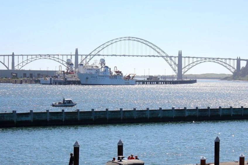 A large ship docked near a bridge, a smaller boat in the water, and a pier with bollards. 3