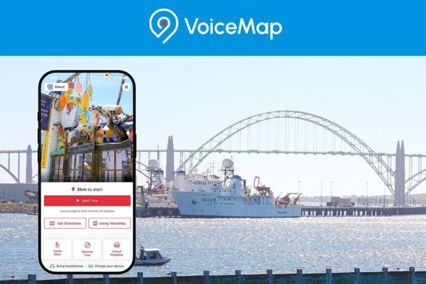 A smartphone displaying a VoiceMap app interface with a bridge and ship in the background. 1