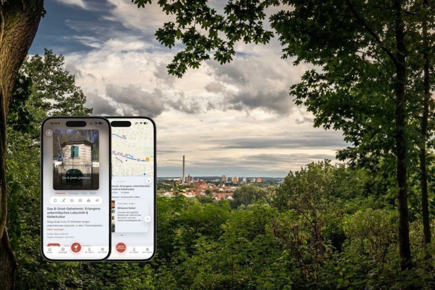 A smartphone displaying a map with a view of a cityscape and greenery in the background. 1