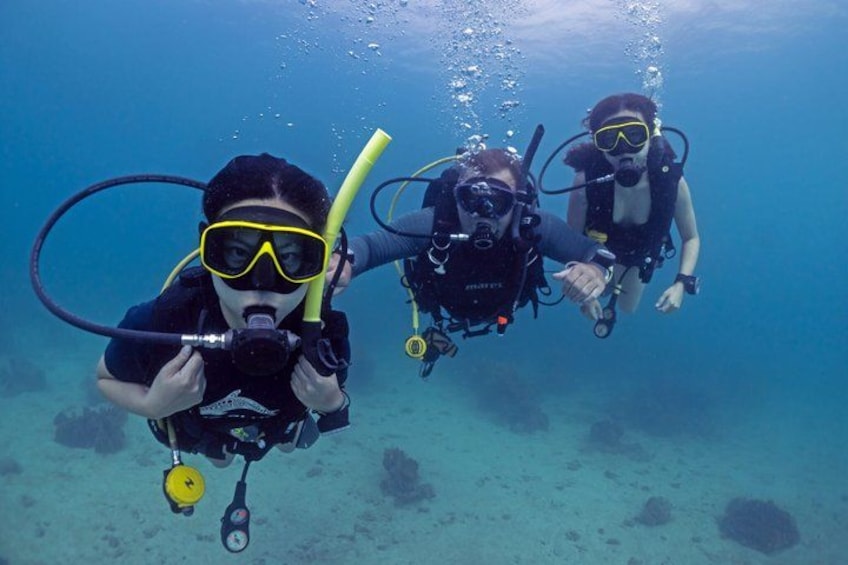 Three scuba divers underwater with their equipment. 1