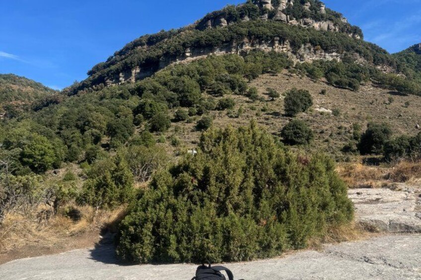 A mountainous landscape with a prominent rocky hill, dense green shrubbery, and a clear sky. 4