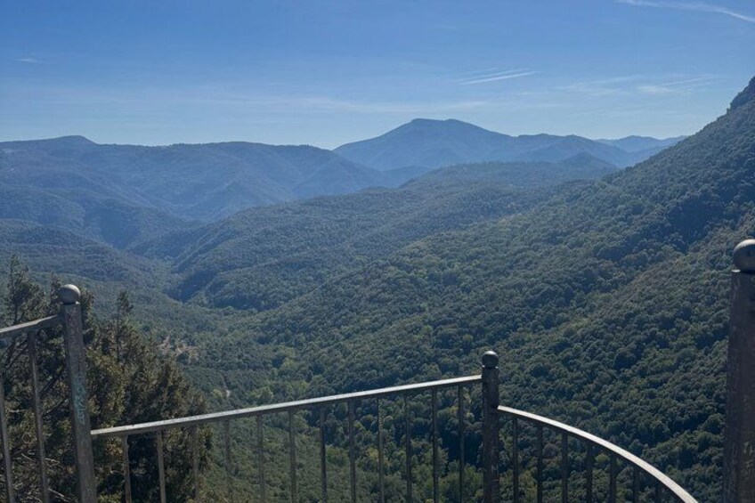 A mountainous landscape with dense forest, a metal railing, and a clear sky. 3
