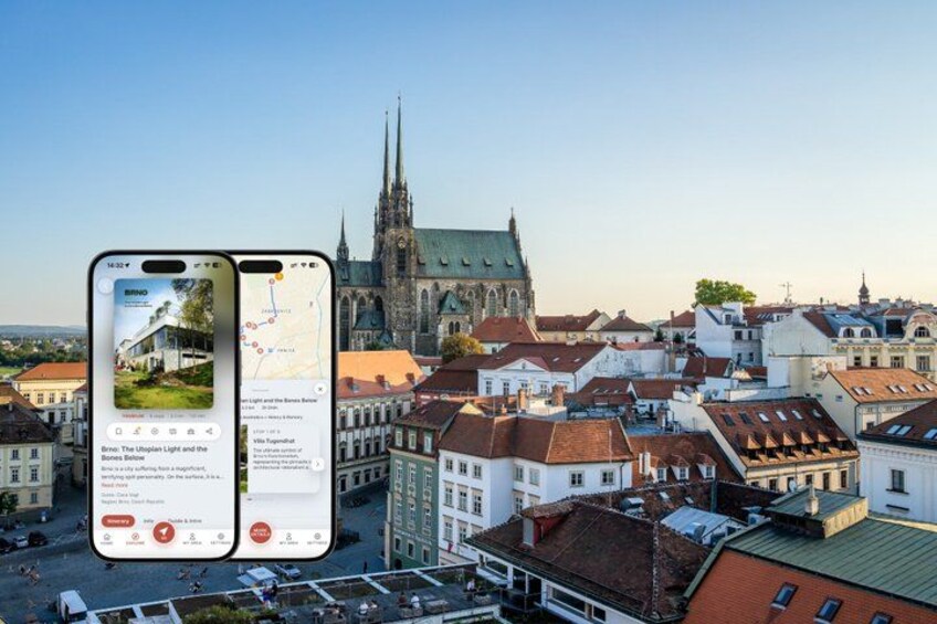 A smartphone displaying a map with a view of a historic cityscape, including a prominent church spire. 1