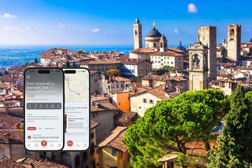 A smartphone displaying a map with the Donatello Odyssey route, a historic site, and a view of a European town with buildings and a clear sky. 1