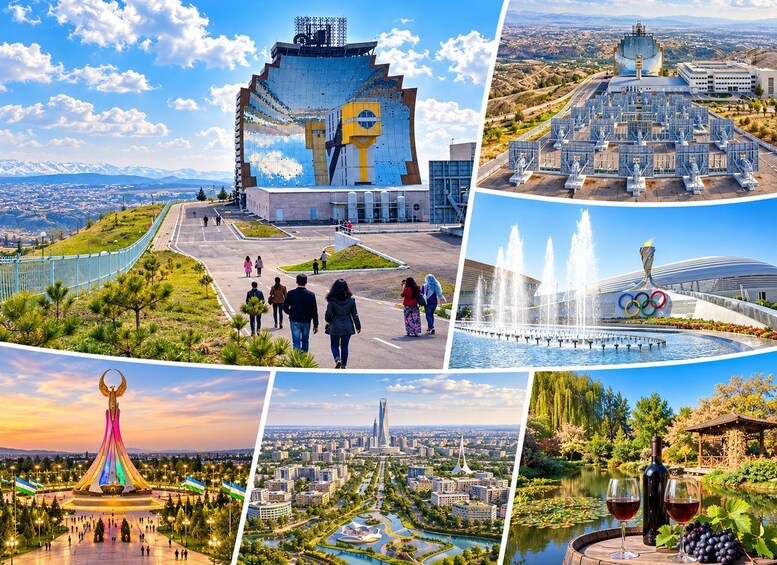 Eine Collage mit Sehenswürdigkeiten, darunter eine Mosaikskulptur, die Olympischen Ringe, ein moderner Turm, ein lebhaftes Denkmal, eine Skyline und eine idyllische Uferlandschaft. 1
