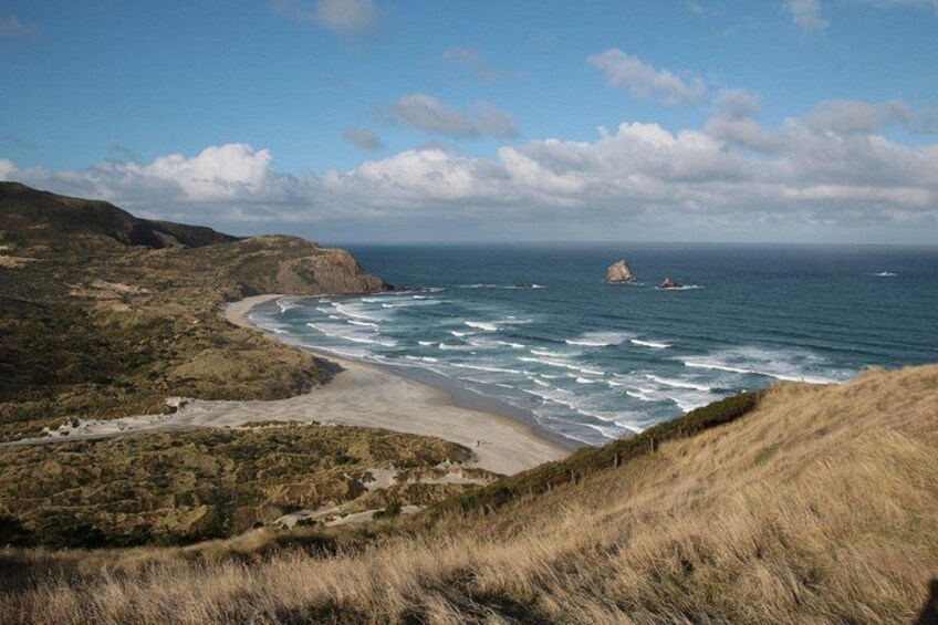 A coastal landscape with a beach, ocean waves, and rocky outcrops. 2