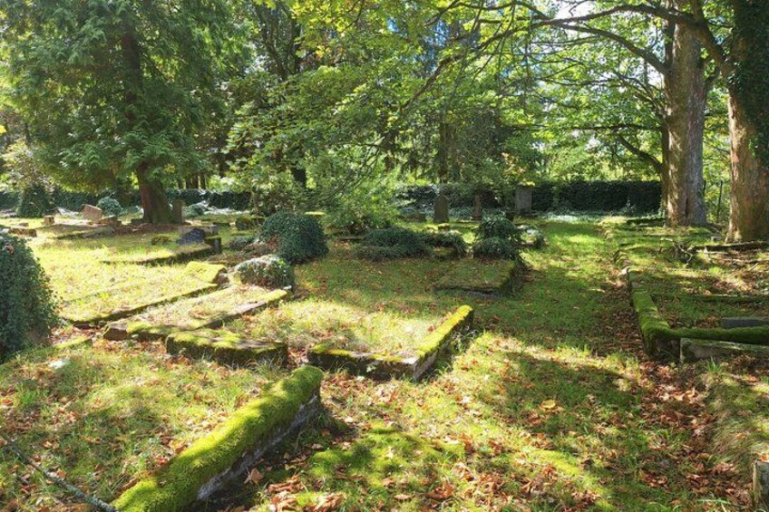 A serene cemetery with moss-covered gravestones, lush greenery, and a tranquil atmosphere. 4