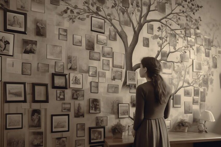A woman standing in front of a wall decorated with framed pictures arranged to resemble a tree. 2