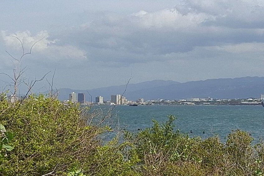 A coastal cityscape with buildings, a body of water, and distant mountains under a cloudy sky. 5