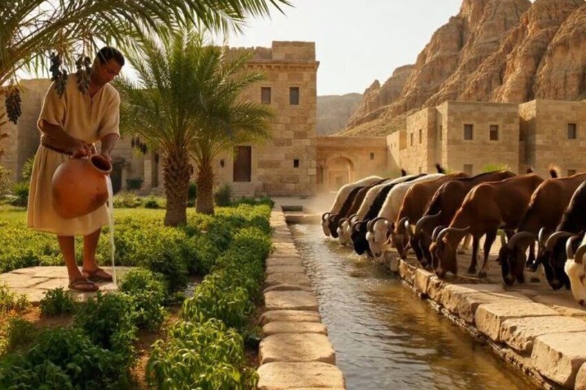 A person watering plants by a stream, with a row of cattle on the opposite side. 2