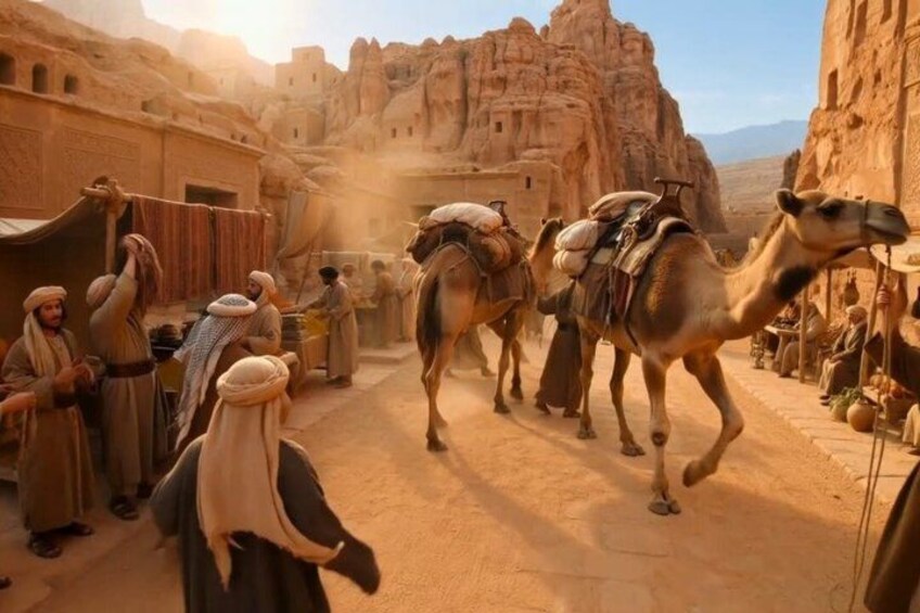 A desert scene with camels, people, and ancient buildings. 3