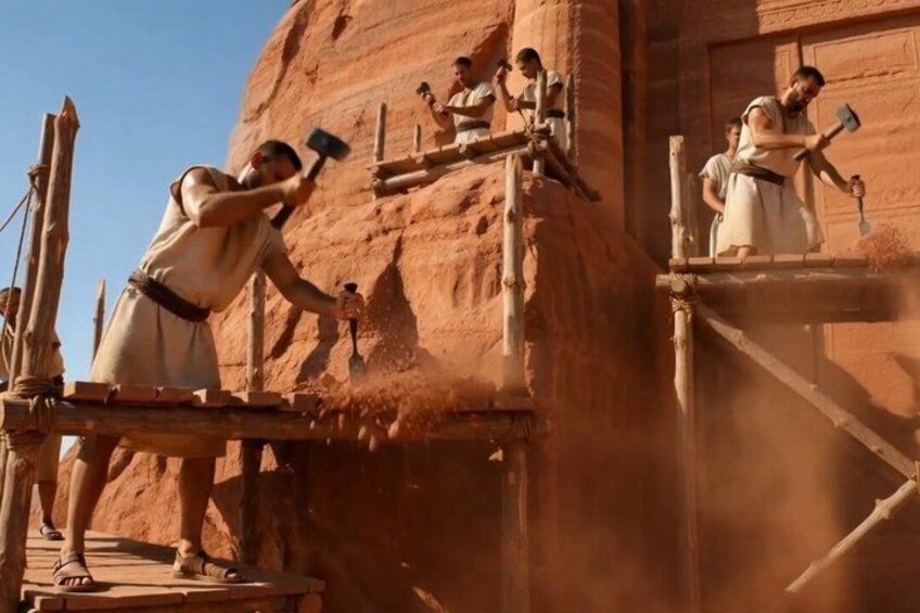 Workers on scaffolding, hammering stone structures. 4