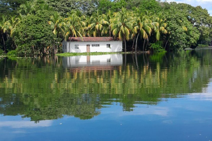 A white house with a red roof surrounded by palm trees and reflecting in calm water. 4