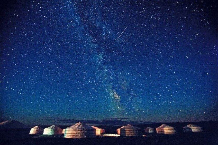 A starry night sky over yurts. 5