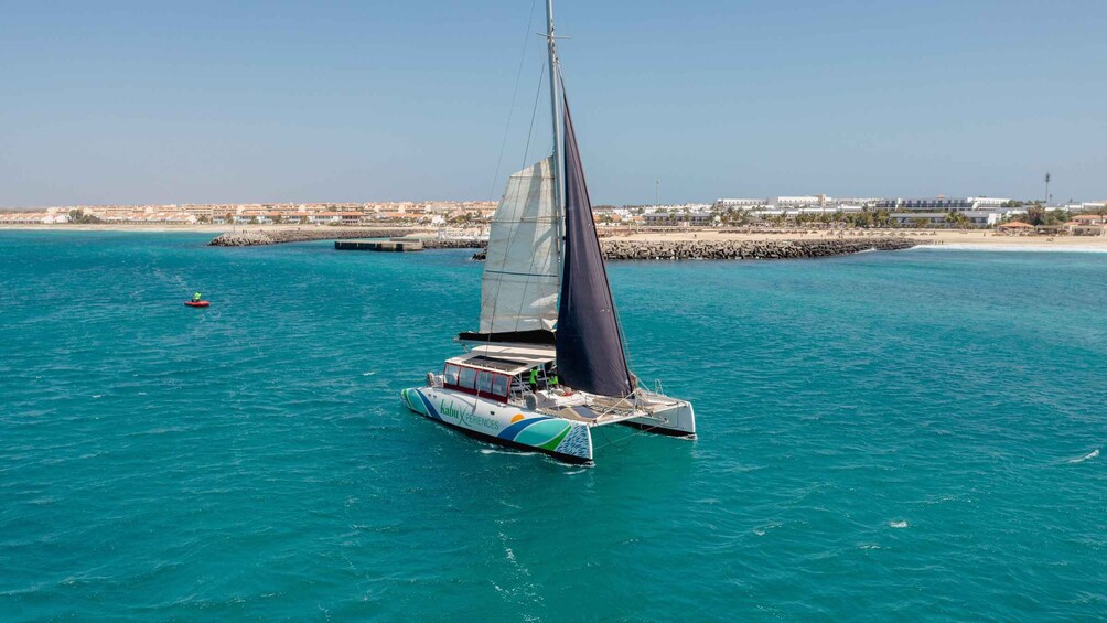 A sailboat with a dark sail on turquoise water, a rocky breakwater, and a coastal town in the background. 3