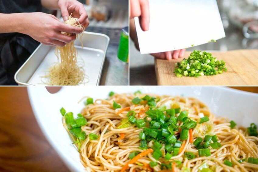 A person preparing noodles, chopping green onions, and a bowl of noodles with vegetables. 1