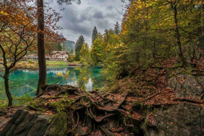 A lake surrounded by autumn foliage, a building in the background, and a rocky foreground. 2