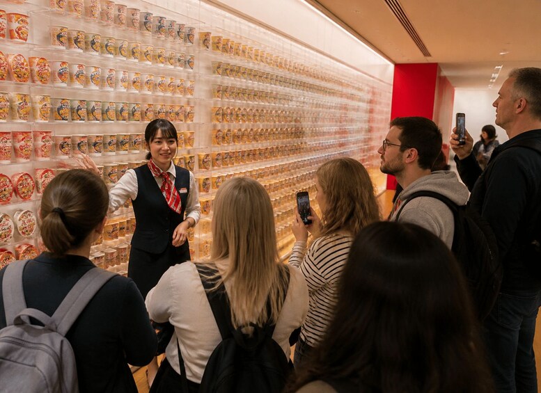 A group of people in a museum or exhibition hall, observing a wall with numerous small, colorful objects displayed in rows. 4