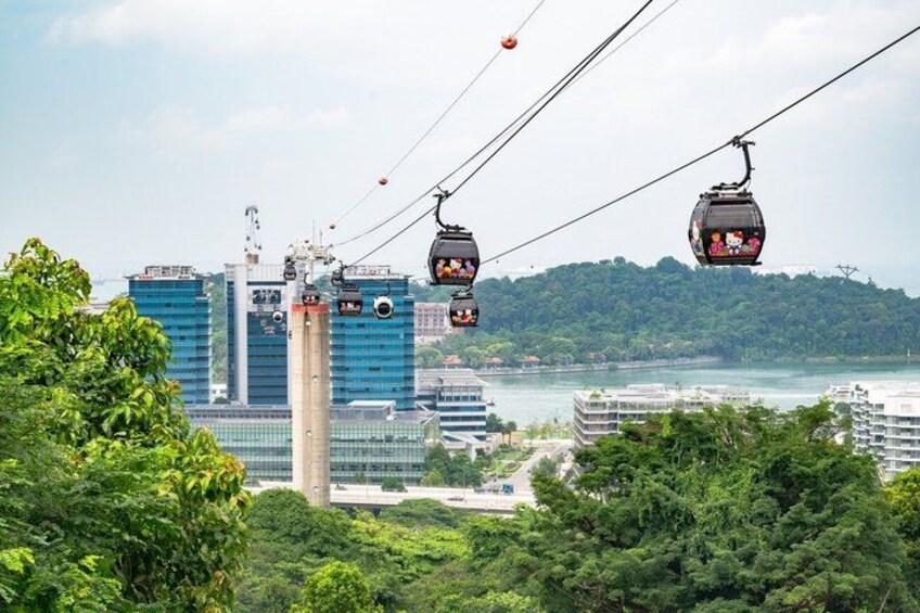 A cable car system, a city skyline, and a body of water. 3