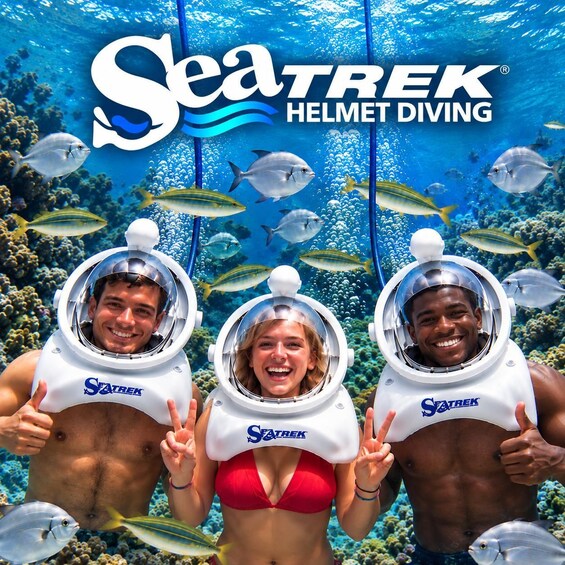 Three people in scuba diving gear with the text 'SeaTrek Helmet Diving' and an underwater scene with fish and coral. 1