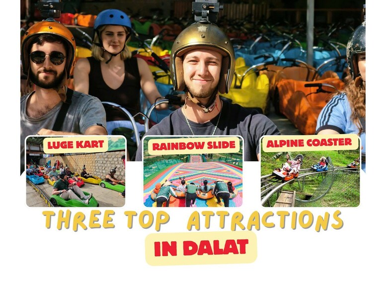 Voici trois attractions incontournables à Da Lat : une piste de luge sur kart, un toboggan arc-en-ciel et une montagne russe alpine. 1