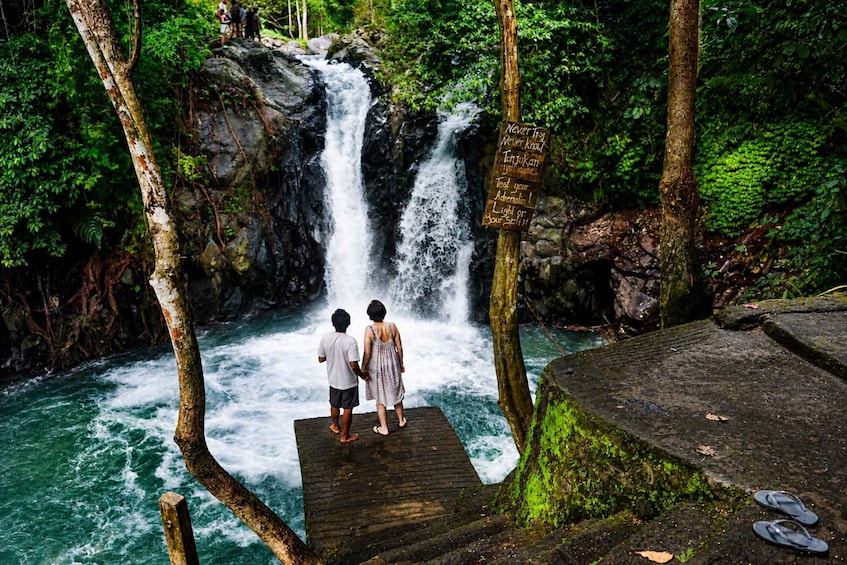 Ein Wasserfall, eine Holzplattform und ein Wegweiser in einem Wald. 3
