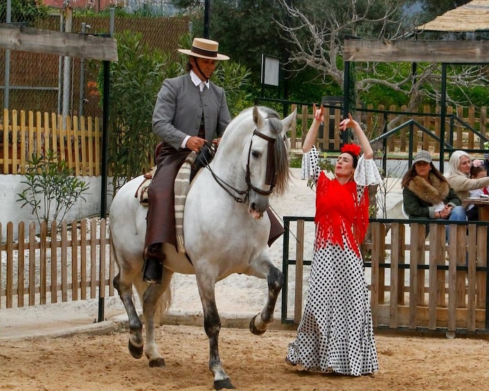 Eine Person reitet ein weißes Pferd in einer Reithalle im Freien, während Zuschauer zusehen. 1