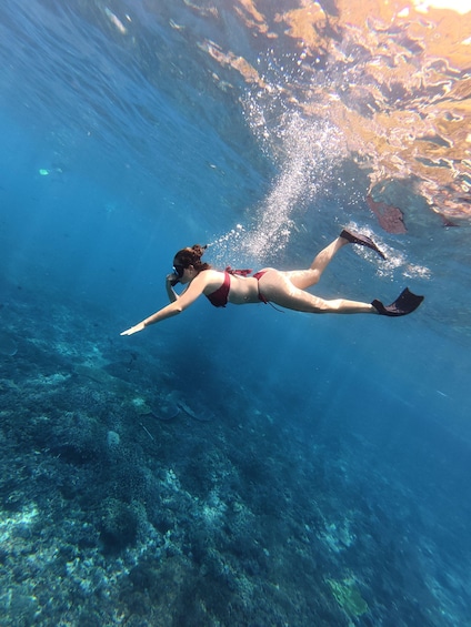 A person swimming underwater. 1