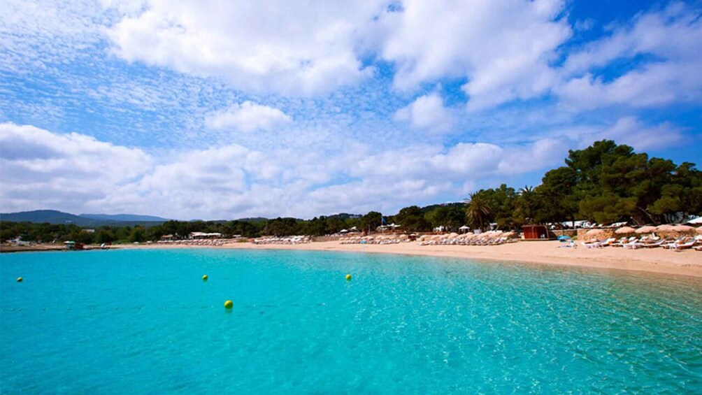 En turkosfärgad strand med klart vatten, en sandstrand och en rad med parasoller. 5