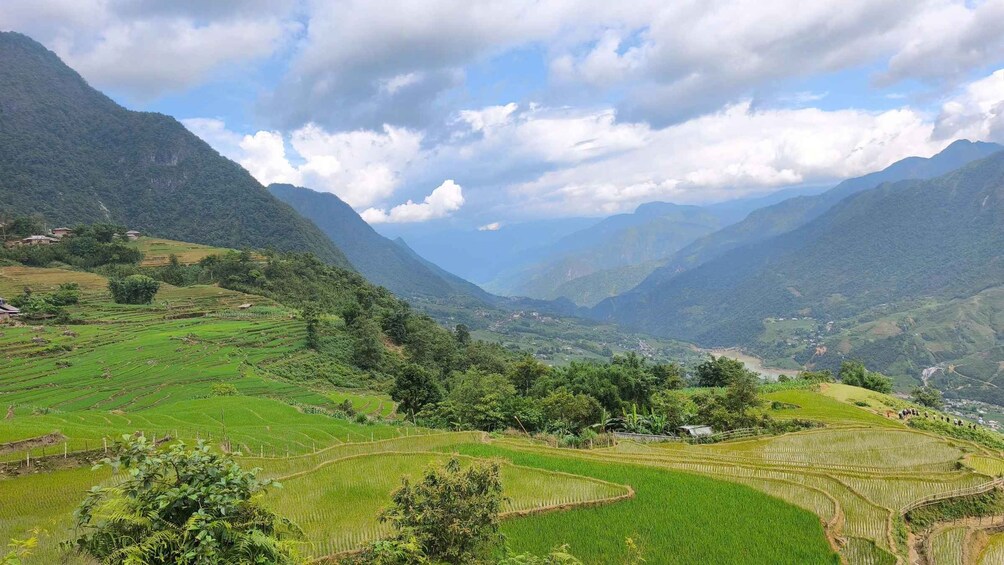 Des rizières en terrasses, une vallée et des montagnes sous un ciel partiellement nuageux. 4