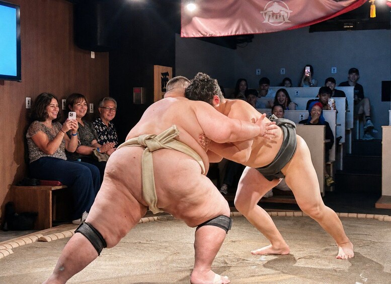 Two sumo wrestlers in a ring, surrounded by spectators. 5