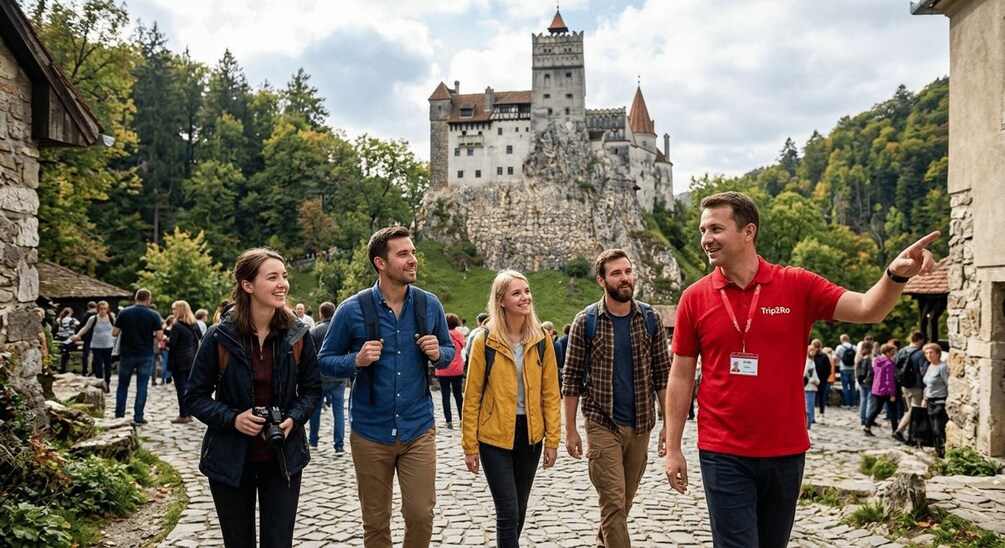 A group of people walking on a cobblestone path with a castle in the background. 1