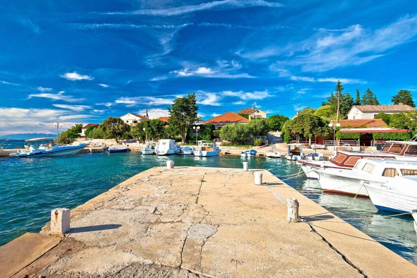 A coastal marina with boats docked, a stone pier, and houses with red roofs. 5