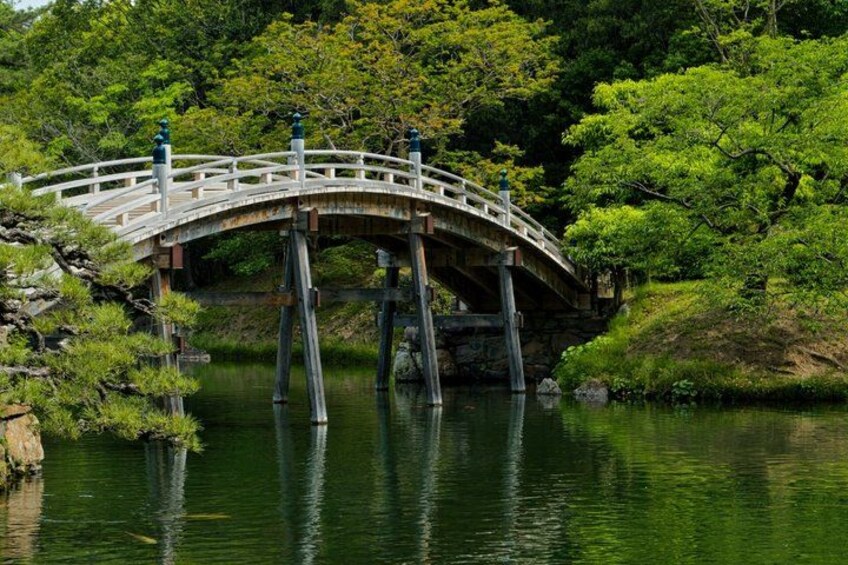 Un puente de piedra sobre un río tranquilo, rodeado de abundante vegetación y árboles. 4