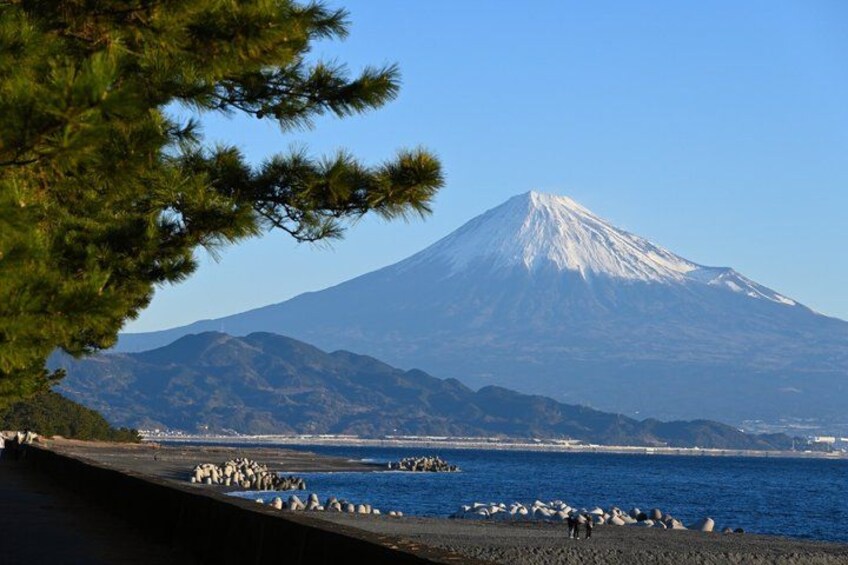 A snow-capped mountain, a beach with rocks, and a body of water. 1