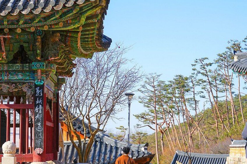 A traditional Chinese building with intricate roof tiles and a red gate. 3