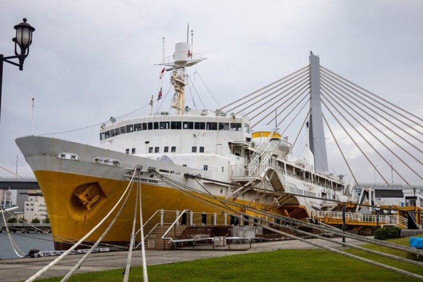 A large cruise ship docked at a port with a modern bridge structure in the background. 2