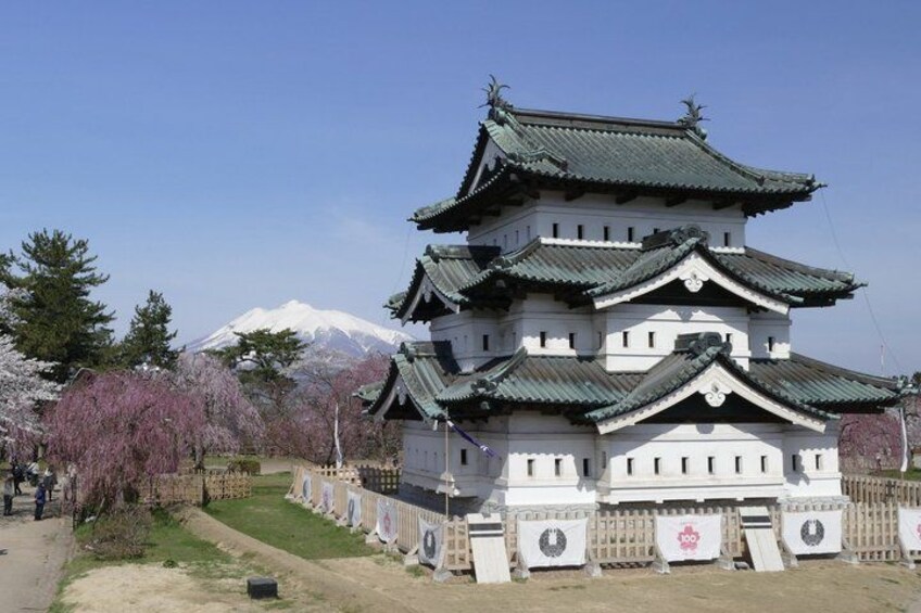 A traditional Japanese castle with multiple tiers, surrounded by cherry blossom trees and a snow-capped mountain in the background. 1