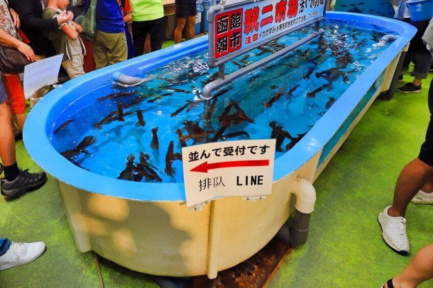 A large fish tank with a sign indicating a line for viewing. 2