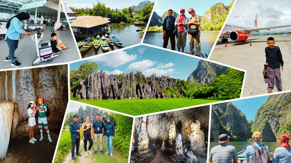 A collage of travel scenes including a river with boats, a cave, a rocky landscape, and a person standing by a plane. 2