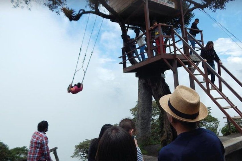 A treehouse with a swing, people on a rope, and a person in a hat. 1
