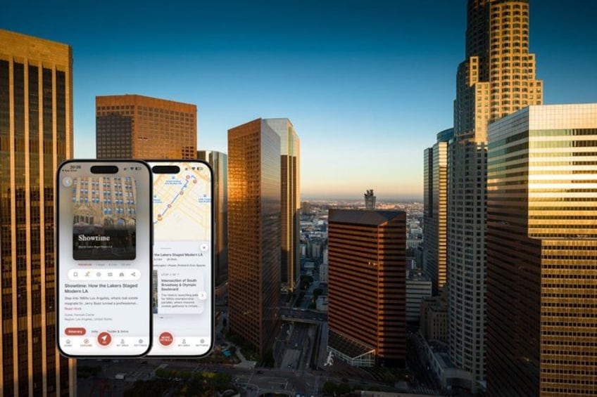 A cityscape with tall buildings and a smartphone displaying a news app. 1