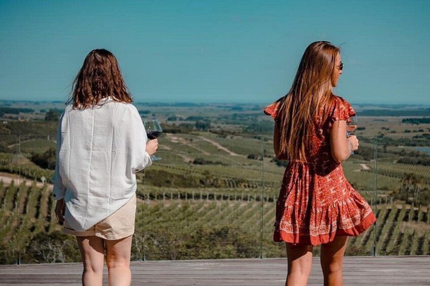 Two women standing on a wooden deck overlooking a vineyard. 4