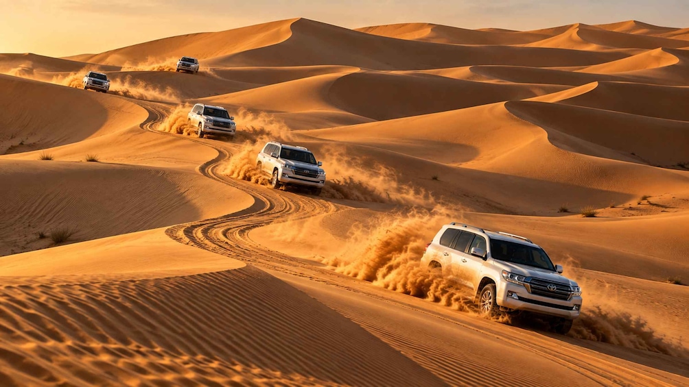Four off-road vehicles navigating a desert landscape with sand dunes. 1