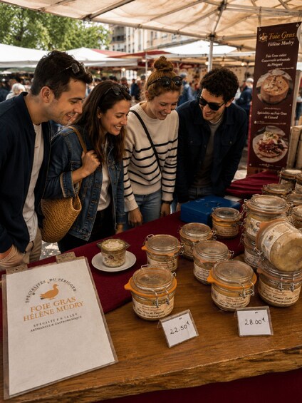 A market stall with jars of Foie Gras and Hélène Mudry specialty. 5